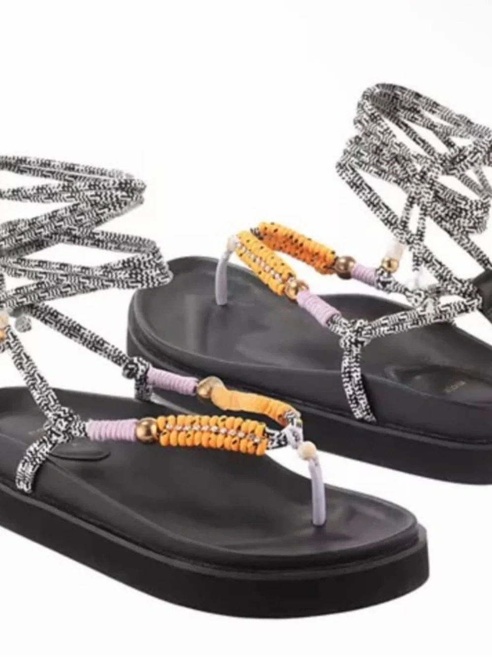 Maje Black Sandals with Orange and Lilac Rope Accents